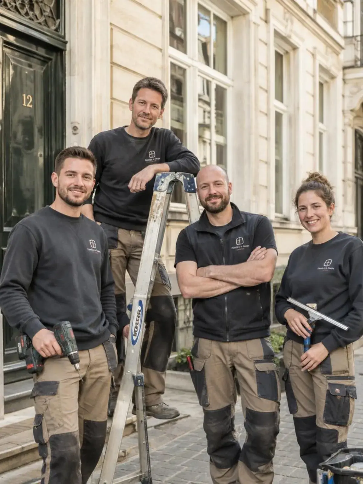 Équipe de deux artisans menuisiers de Châssis Auderghem devant une maison bruxelloise